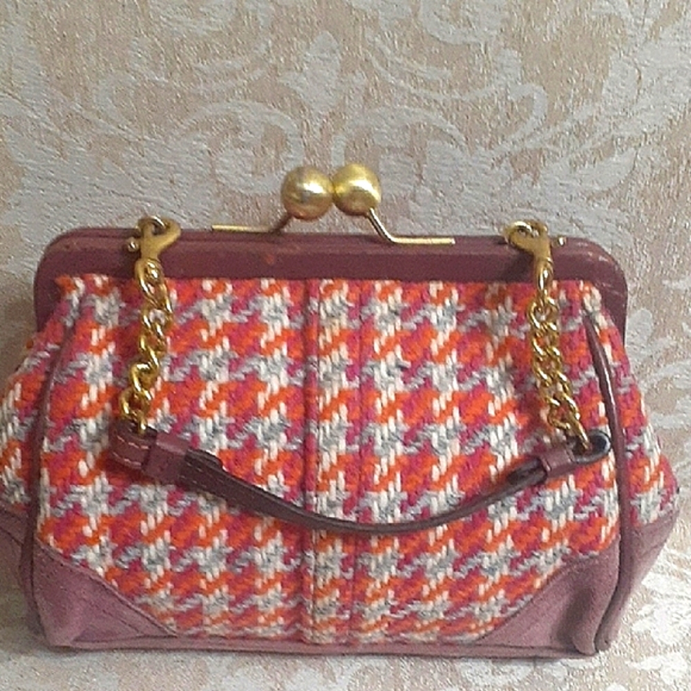COACH Y2K VINTAGE HOUNDSTOOTH TWEED SUEDE KISS LOCK BAG - Picture 3 of 13